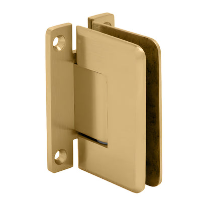 P1N037SB satin brass Pinnacle wall-mount shower hinge with beveled edges, H back plate, for 8-12mm tempered glass.