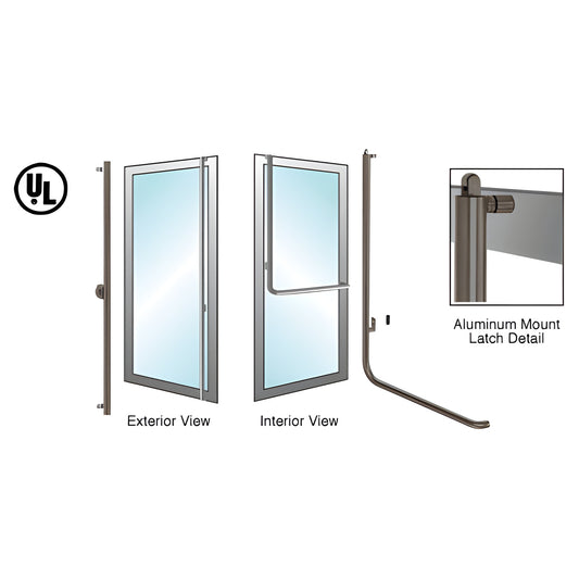 Oil rubbed bronze tubular panic handle for 1/2-3/4 inch glass doors, exterior and interior views with aluminum latch