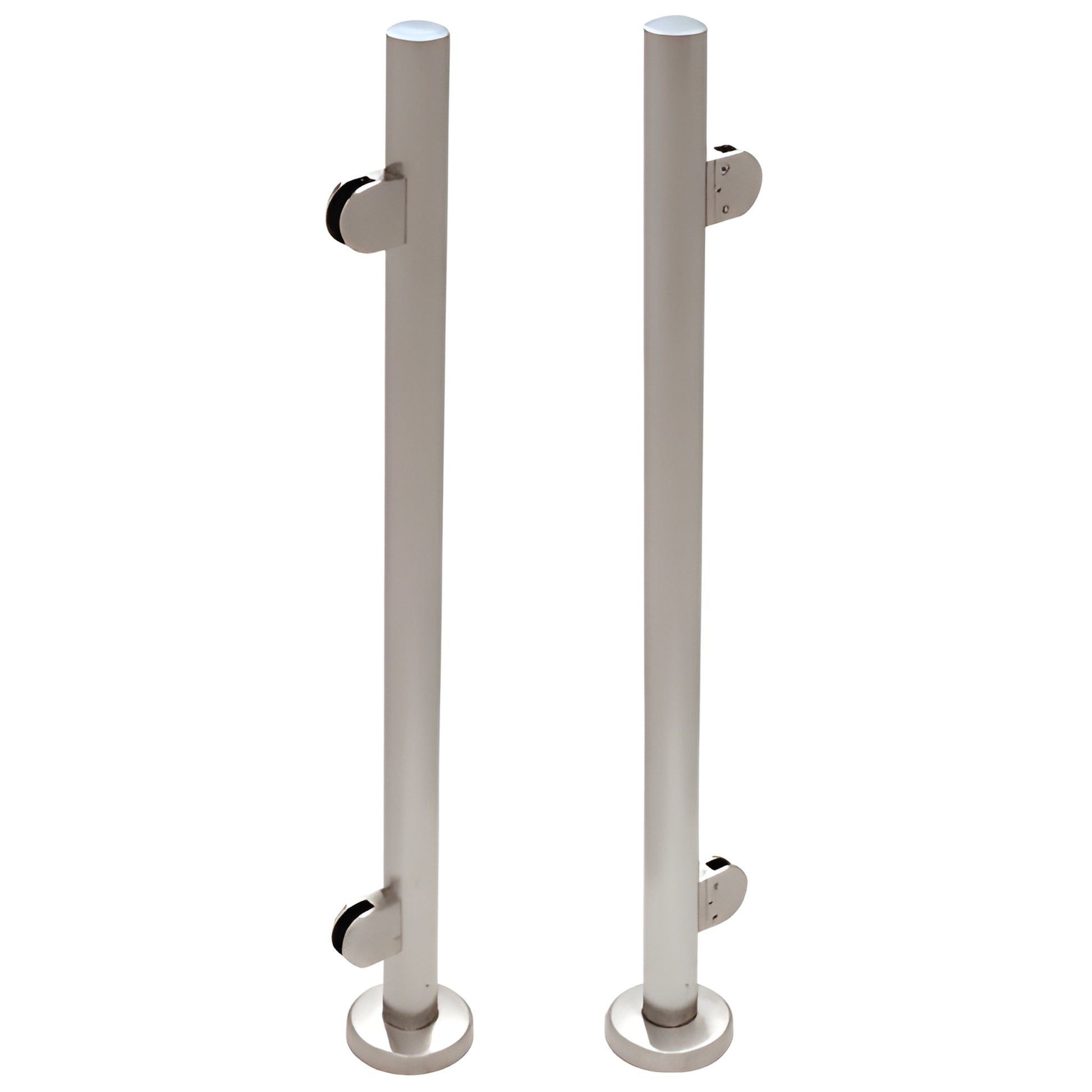 PR1540EBS brushed stainless steel railing posts, two round posts with base plates and glass clamp brackets.