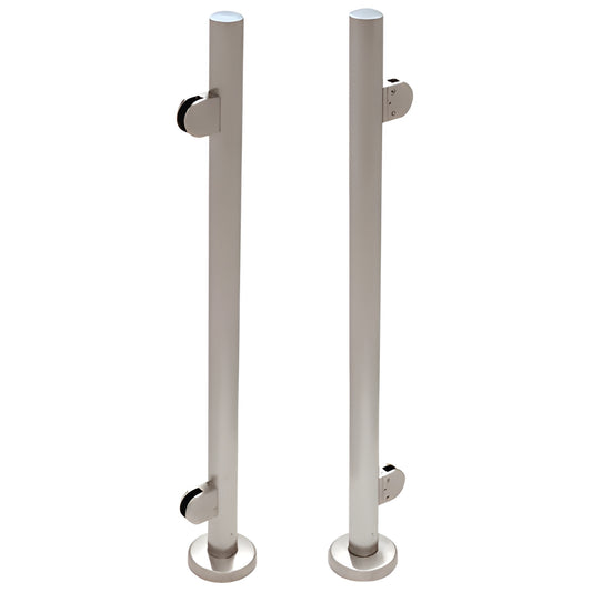 PR1540EBS brushed stainless steel railing posts, two round posts with base plates and glass clamp brackets.