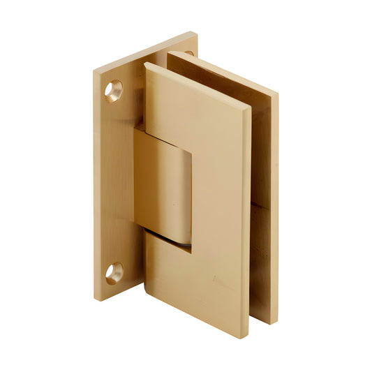 Satin brass Vienna squared shower hinge SKU V1E037SB - wall-mount full back plate, fits 3/8-1/2" (10-12mm) glass.