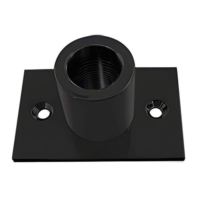 Matte black brass wall mount top fitting SKU S14MBL, threaded barrel on rectangular base for shower support bars