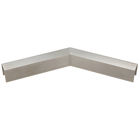 Brushed stainless steel 135 slip-fit corner connector for 1/2 in (12mm) or 5/8 in (16mm) glass railing, SKU GRLC10H3BS