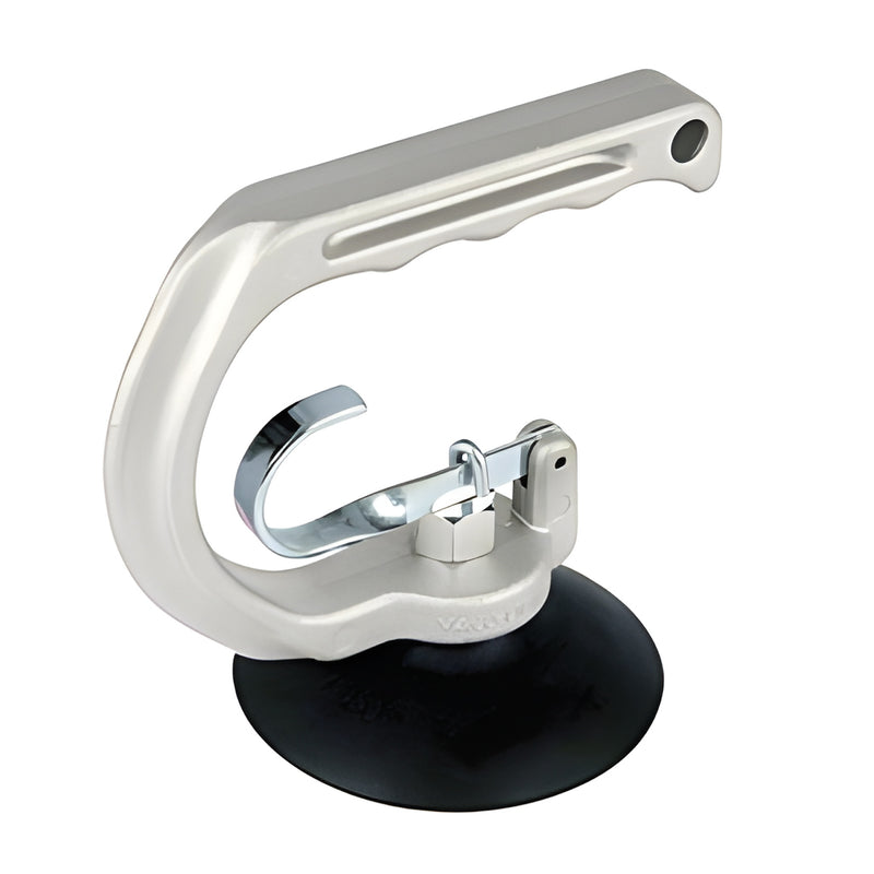 VC1859 4 in single-cup vacuum lifter - silver ergonomic handle, chrome release lever and black rubber suction cup.