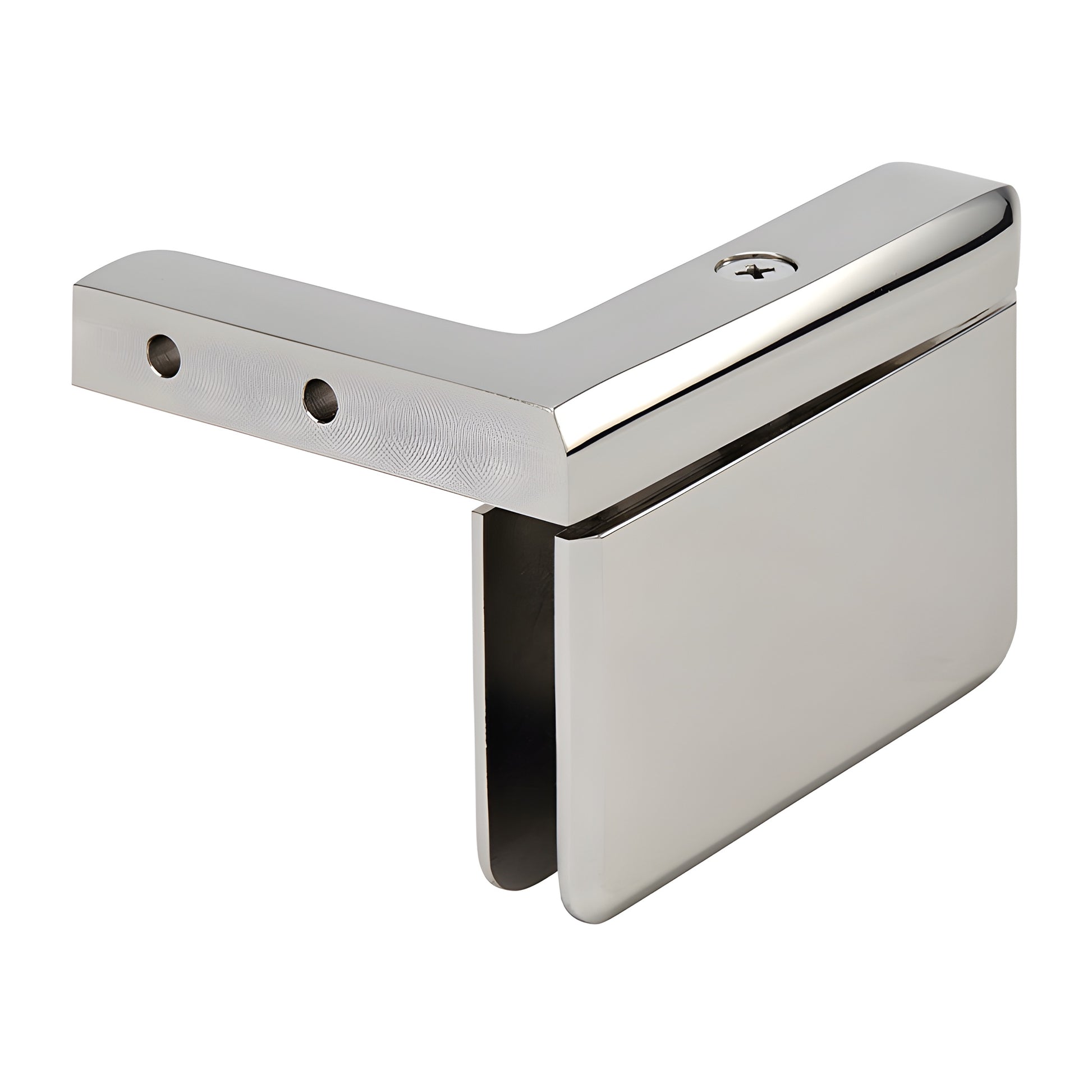 Polished nickel Prima pivot hinge for 8-10mm glass shower door, beveled brass, left-hand wall-mount - SKU PPH05LPN