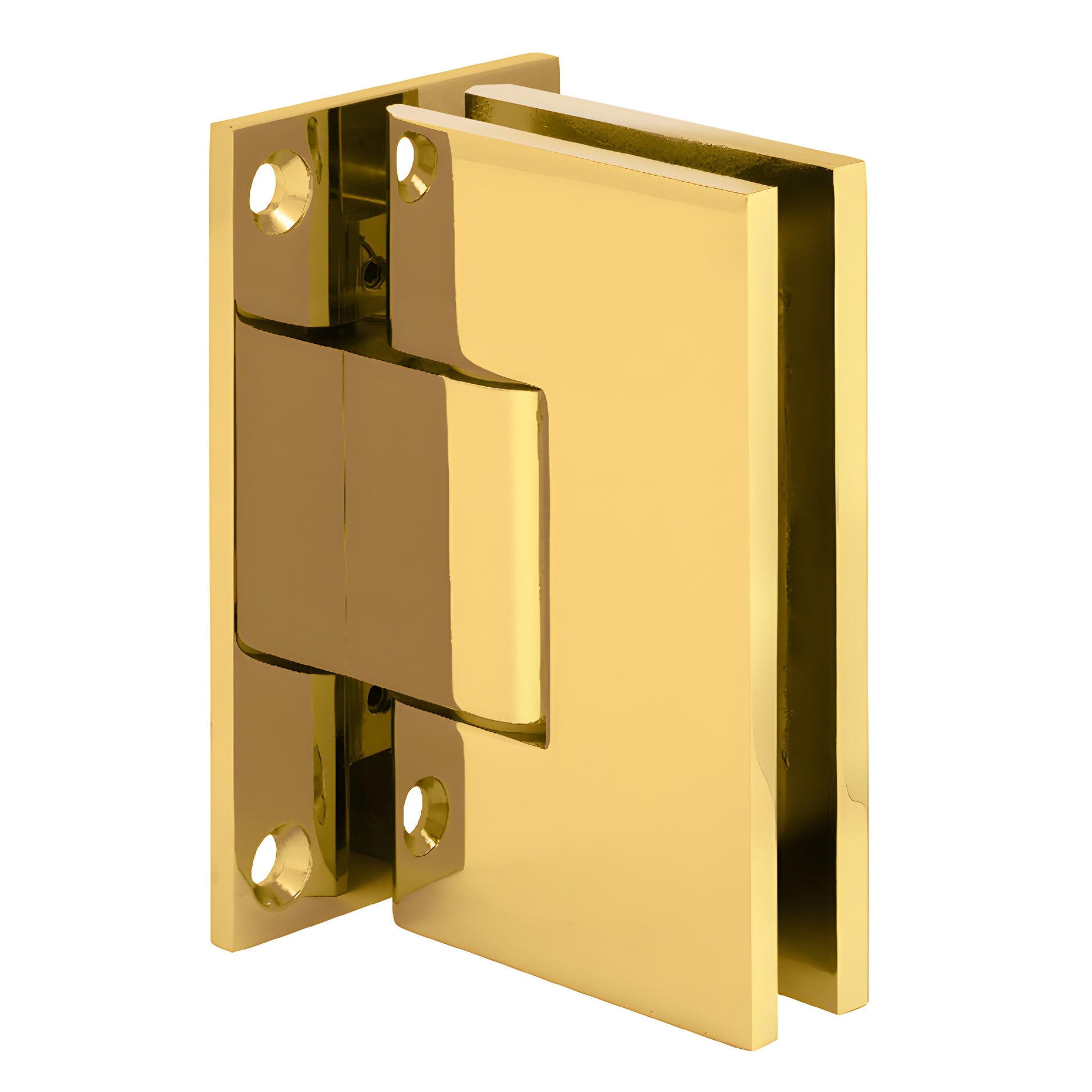 Polished brass solid brass shower hinge (VCT037BR) for frameless glass doors, wall mount, fits 3/8-1/2" glass.