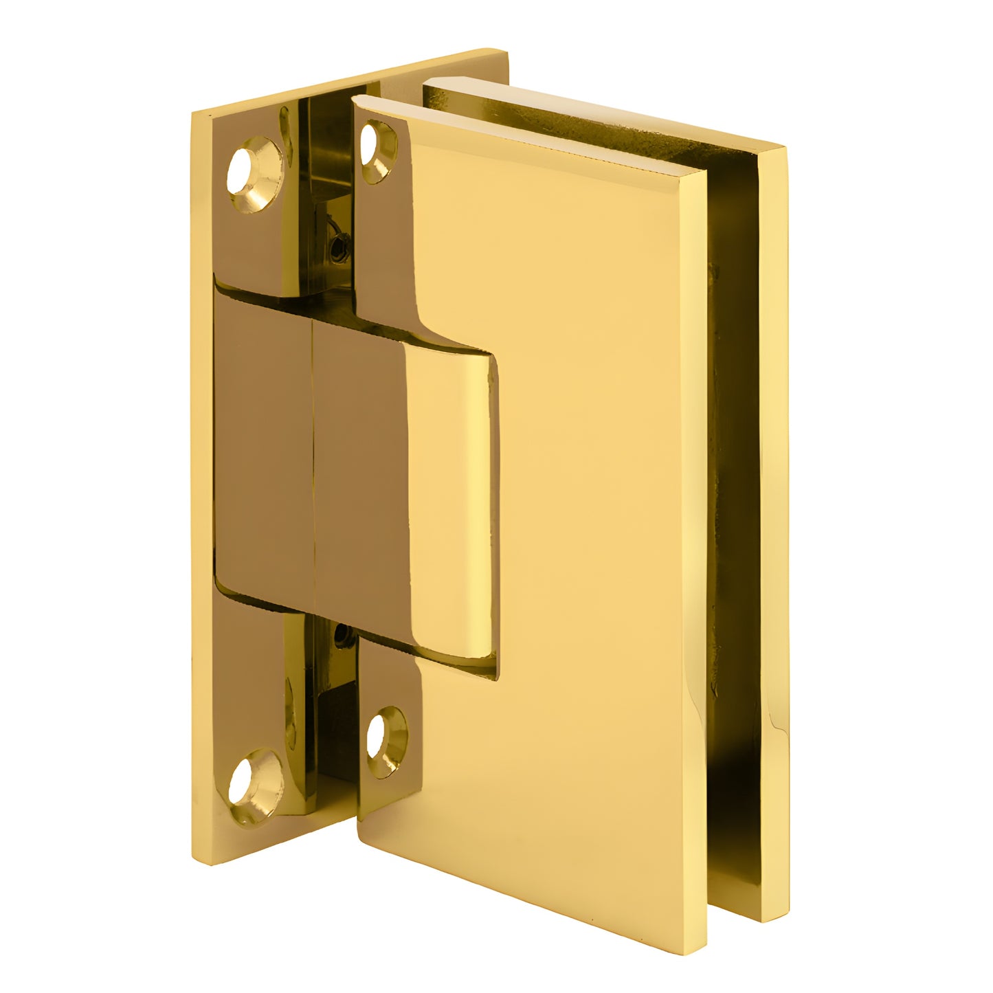 VCT037ULBR unlacquered brass wall-mount shower door hinge for 3/8-1/2" glass, solid brass, polished gold finish.