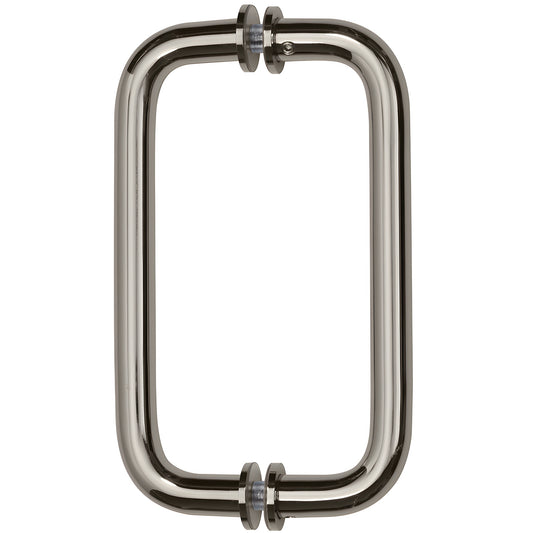 Polished stainless back-to-back tubular glass pull, 3/4 in dia, 8 in c-c, washers SKU BM8X8PS