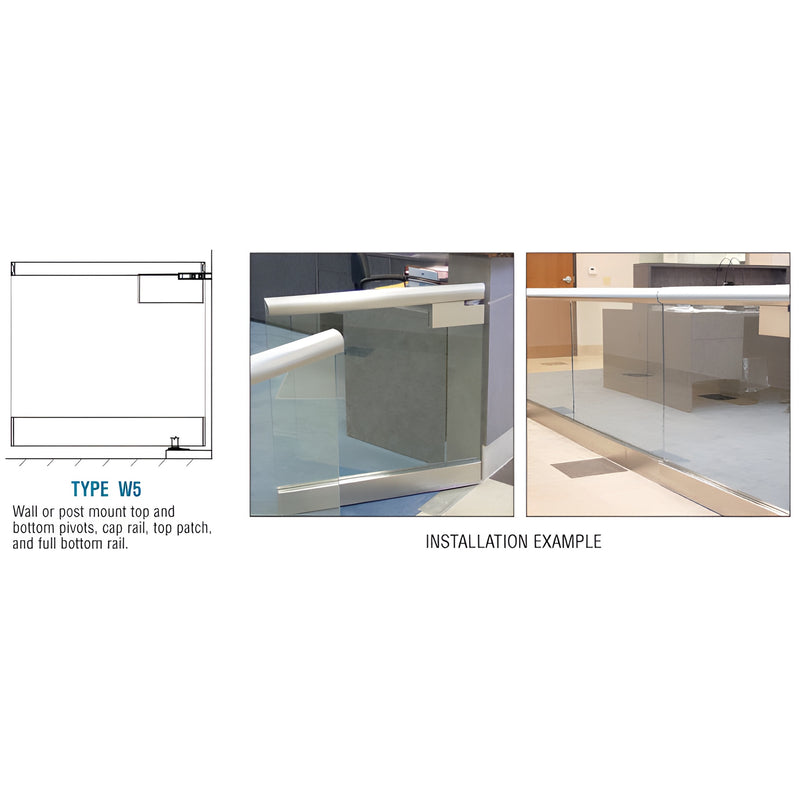 Heavy-duty glass swinging gate with polished stainless 2in cap rail and bottom rail, SKU SGW5PS20WC