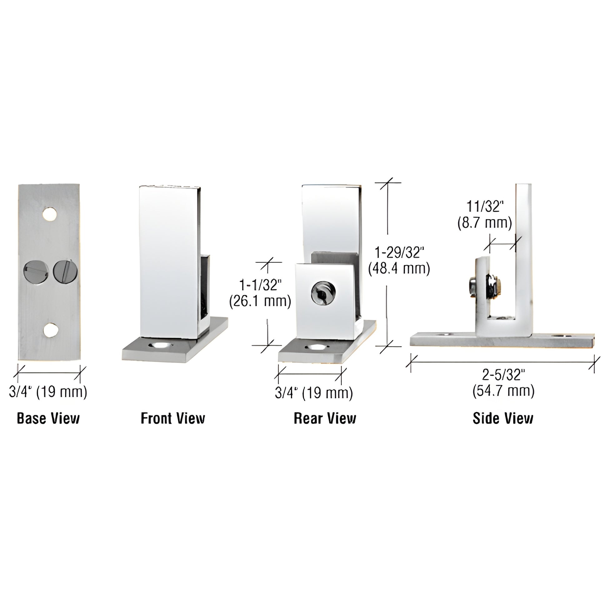 Polished chrome brass long-leg set-screw clamp (SKU EH50) for 6-8mm glass, shown base/front/rear/side with dims