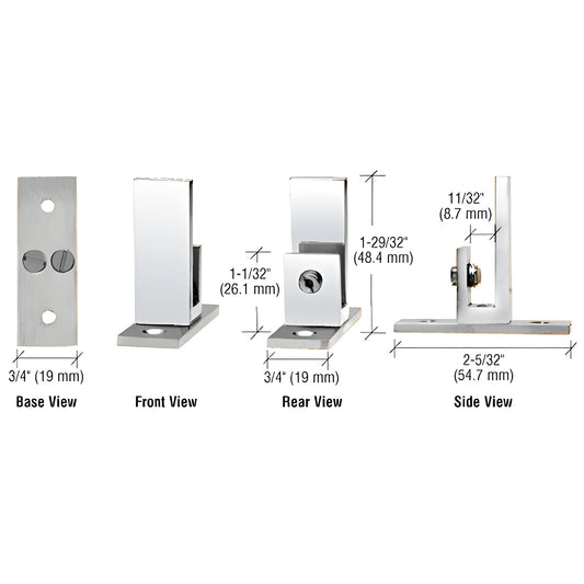 Polished chrome brass long-leg set-screw clamp (SKU EH50) for 6-8mm glass, shown base/front/rear/side with dims