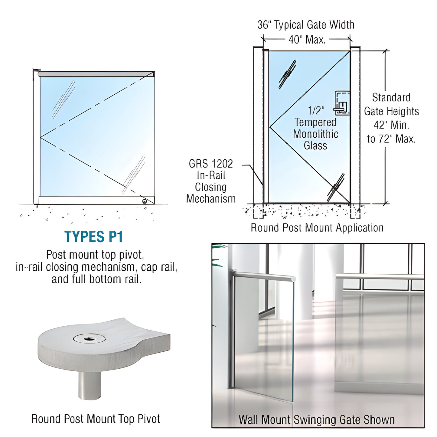 Brushed stainless steel swinging glass gate (SKU 1202P1BSC), tempered glass, in-rail closer, fits up to 40" wide.