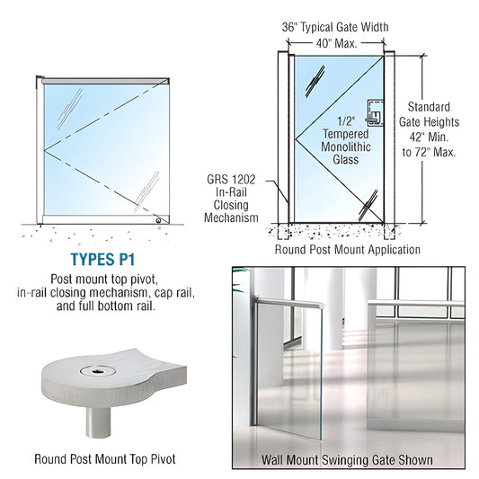 Brushed stainless steel swinging glass gate (SKU 1202P1BSC), tempered glass, in-rail closer, fits up to 40" wide.