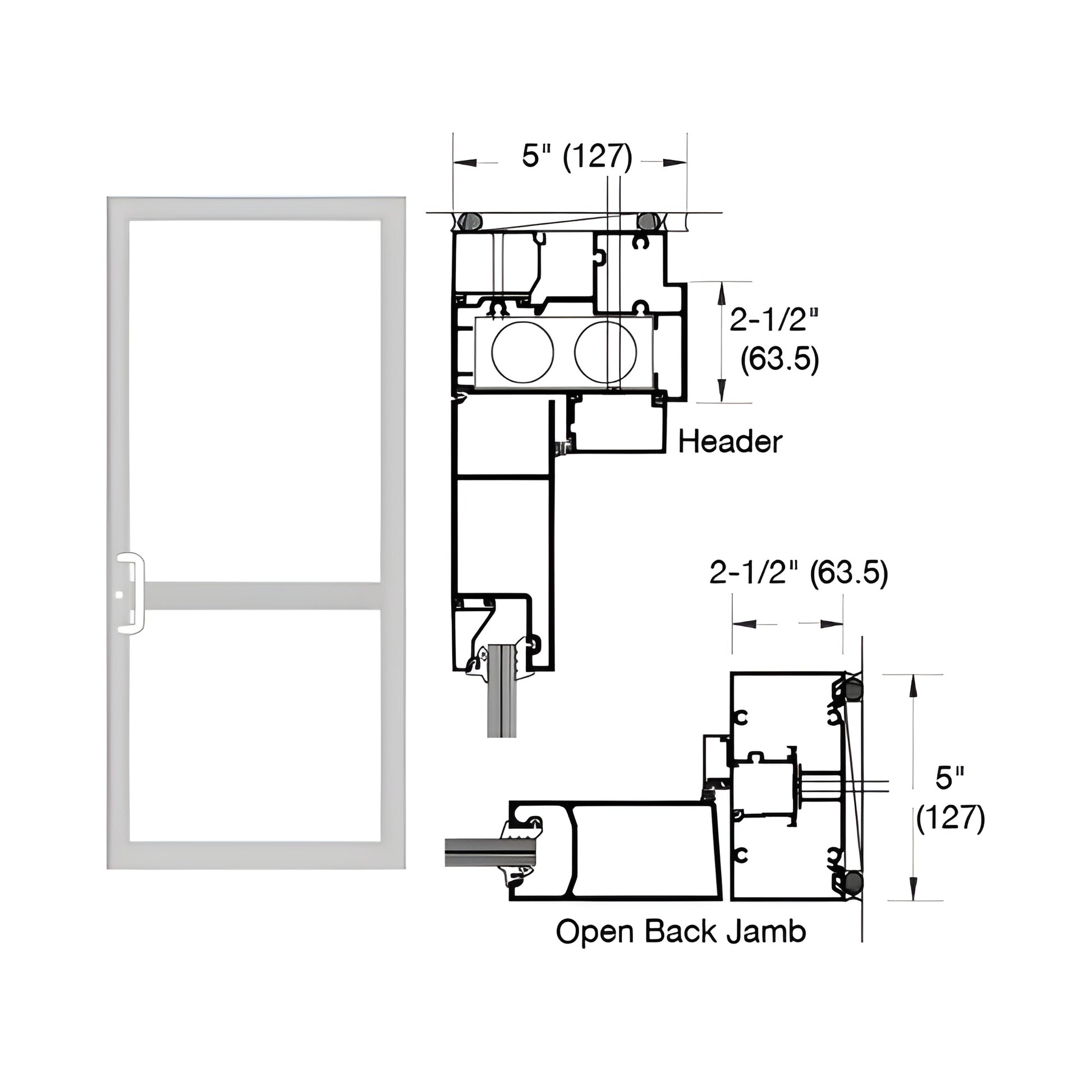 Custom up/over hurricane impact door frame SKU 0P41911 - clear anodized technical drawing showing cross-sections and 5" / 2-1
