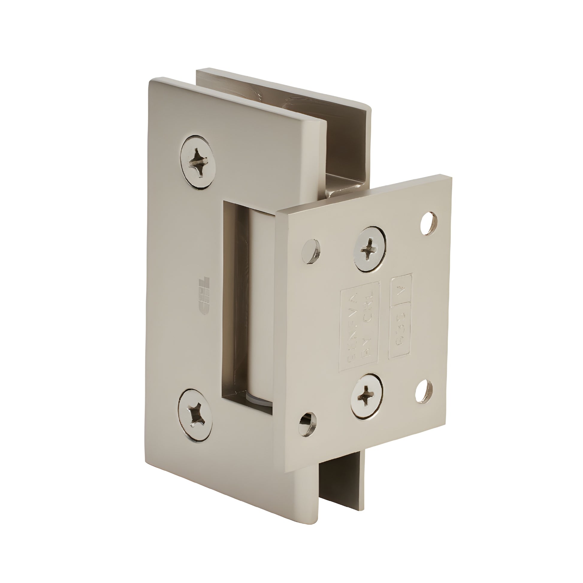 Satin nickel Geneva shower door hinge, short wall-mount back plate for 8-12mm tempered glass, solid brass.