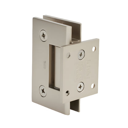 Satin nickel Geneva shower door hinge, short wall-mount back plate for 8-12mm tempered glass, solid brass.