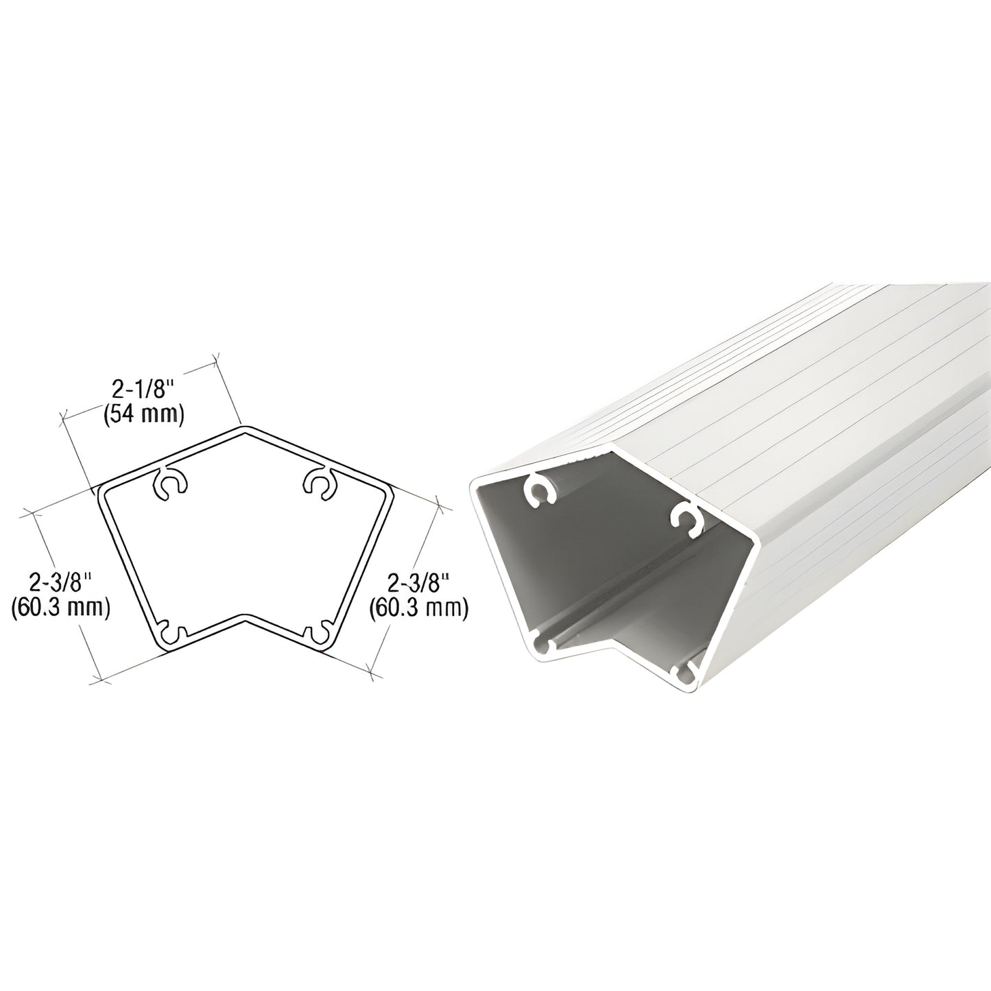 FP548W 135 aluminum corner post, sky white finish, 58" length, 2-3/8" height, hollow profile for glass railing.