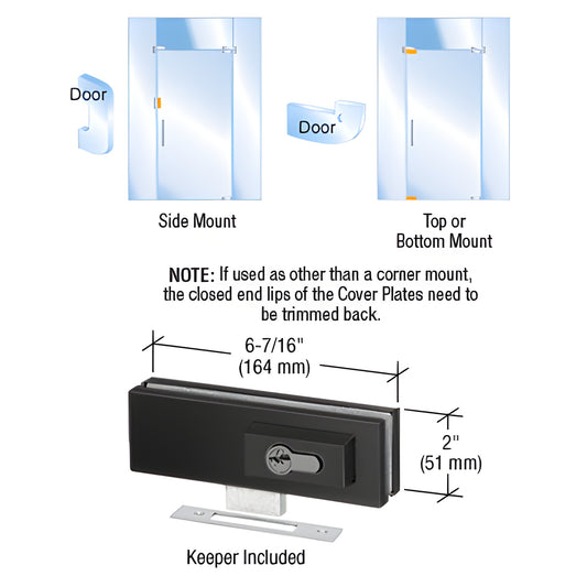 EUR205MBL matte black patch lock for frameless glass doors, 2 in high, keeper included, top/side/bottom mount