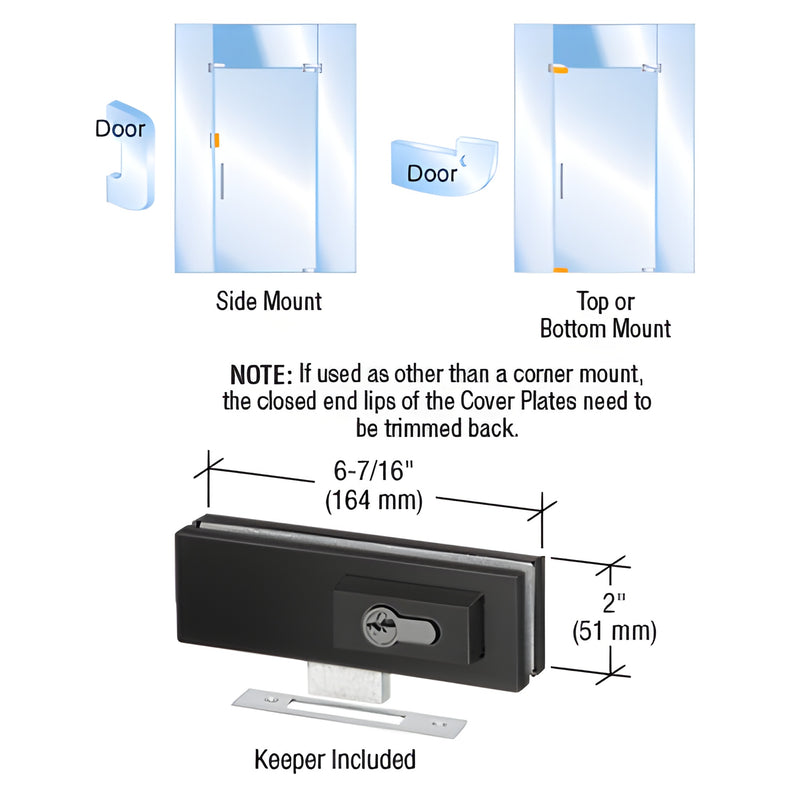 EUR205MBL matte black patch lock for frameless glass doors, 2 in high, keeper included, top/side/bottom mount