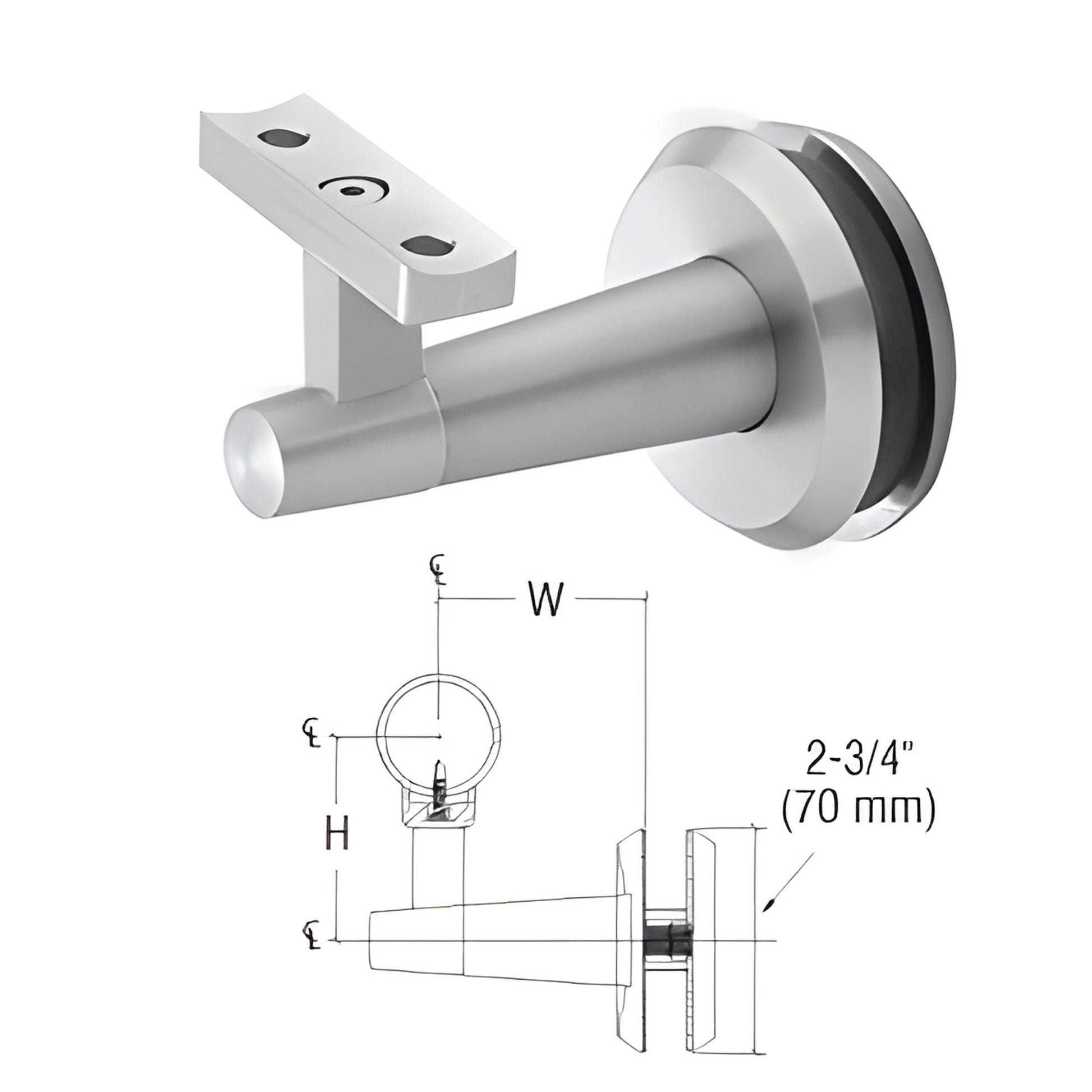 Mill aluminum glass-mounted handrail bracket (WBNSCM), fits 1-1/2 to 2" rails and 1/2 to 3/4" glass, 65mm projection.