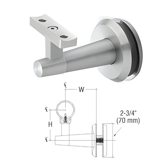 Mill aluminum glass-mounted handrail bracket (WBNSCM), fits 1-1/2 to 2" rails and 1/2 to 3/4" glass, 65mm projection.