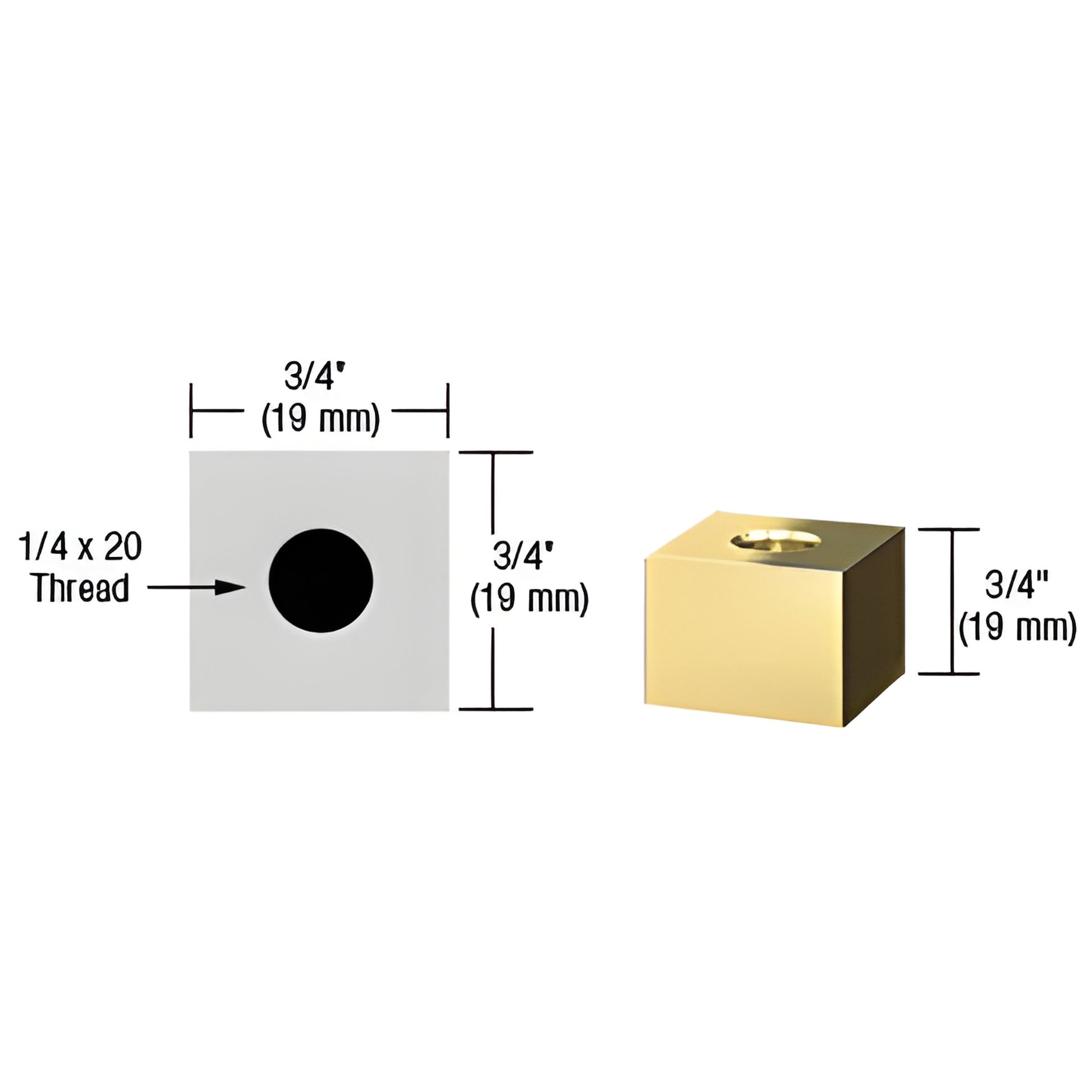 Polished brass 3/4" square standoff base (SKU SQ7575BR), 19mm cube with 1/4-20 threaded hole.