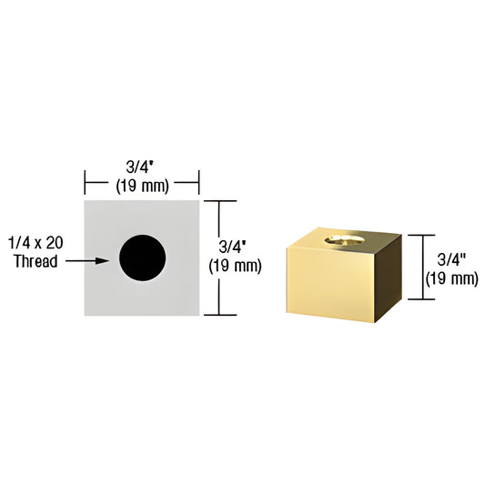 Polished brass 3/4" square standoff base (SKU SQ7575BR), 19mm cube with 1/4-20 threaded hole.