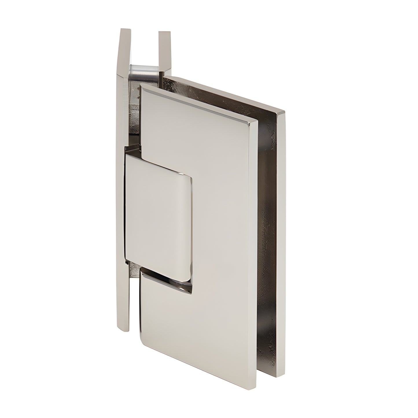 Polished nickel square glass-to-glass shower hinge, 135 brass pivot for 3/8-1/2" frameless glass (SKU V1E045PN)