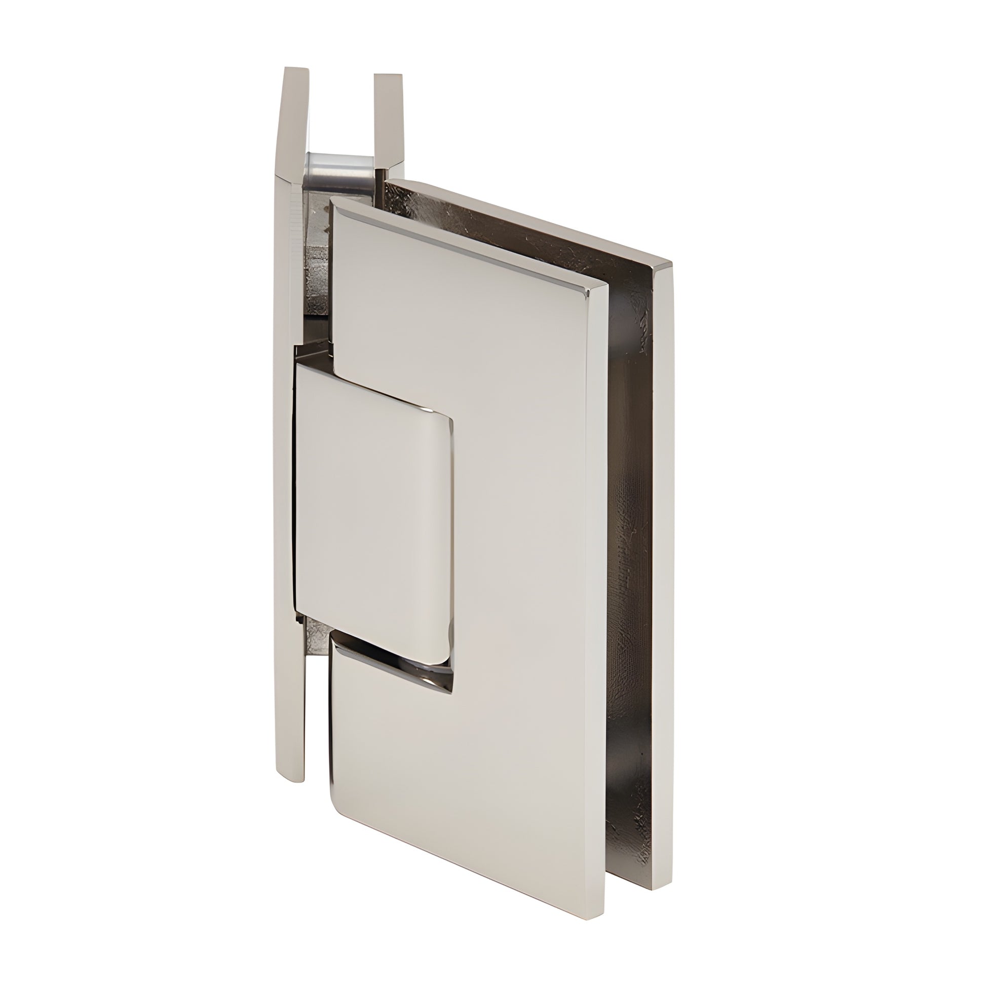 Polished nickel square glass-to-glass shower hinge, 135 brass pivot for 3/8-1/2" frameless glass (SKU V1E045PN)