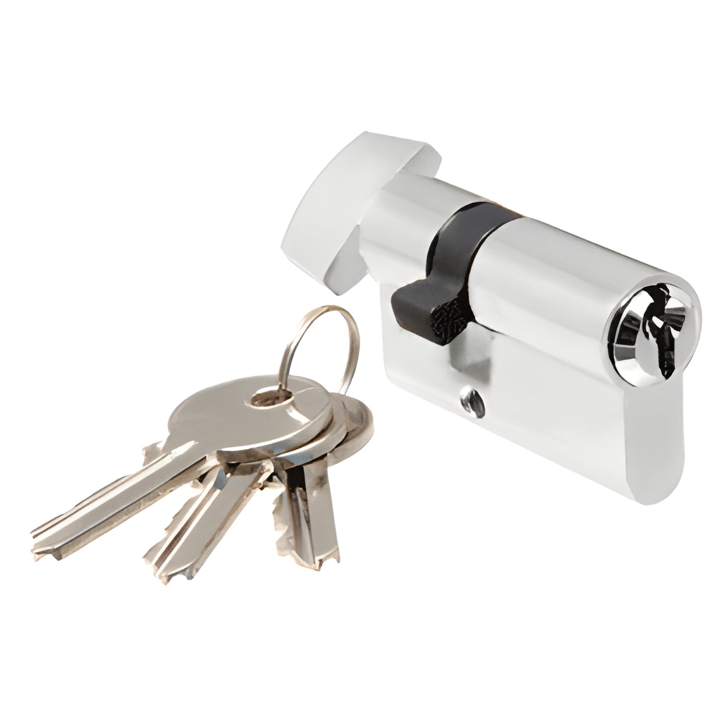 EC4A satin chrome key cylinder with thumbturn and three keys, standard length for PTH311 lever latches.