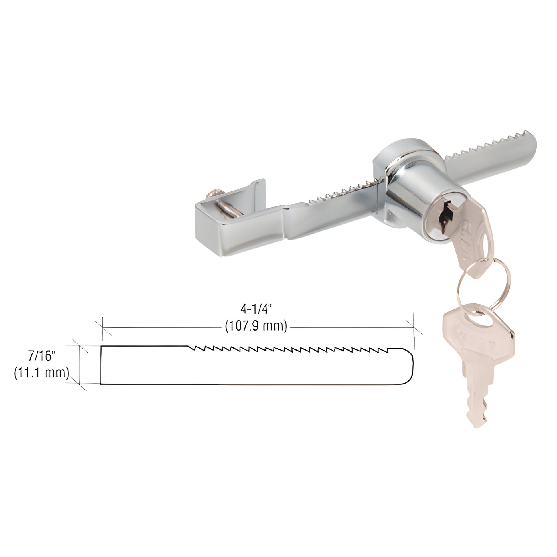 Polished chrome screw-on ratchet lock for sliding glass doors, notched bar with keys, fits 1/4" (6 mm) glass