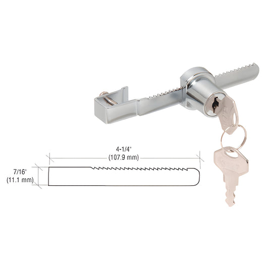 Polished chrome screw-on ratchet lock for sliding glass doors, notched bar with keys, fits 1/4" (6 mm) glass