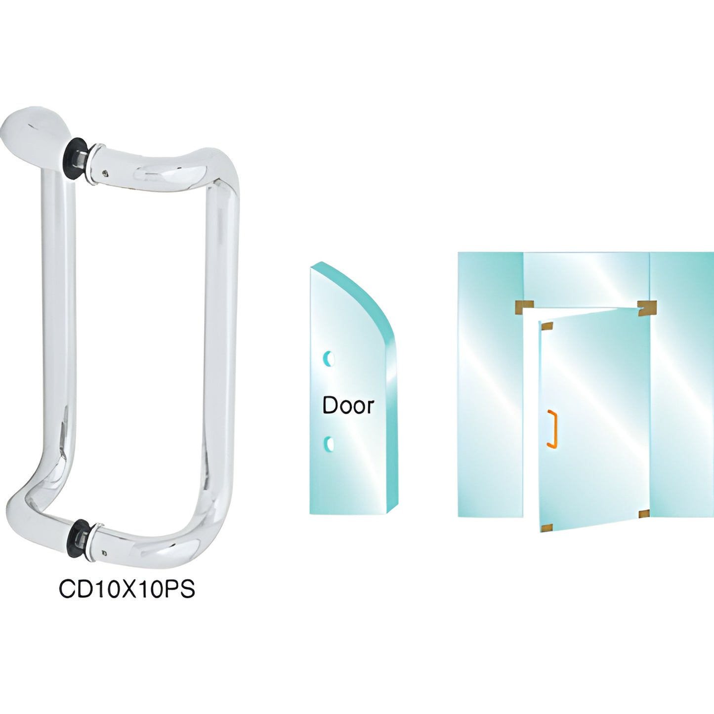 Polished stainless steel glass door pull handle, 1" diameter, 10" c-c, fits 3/8-3/4" glass (SKU CD10X10PS)