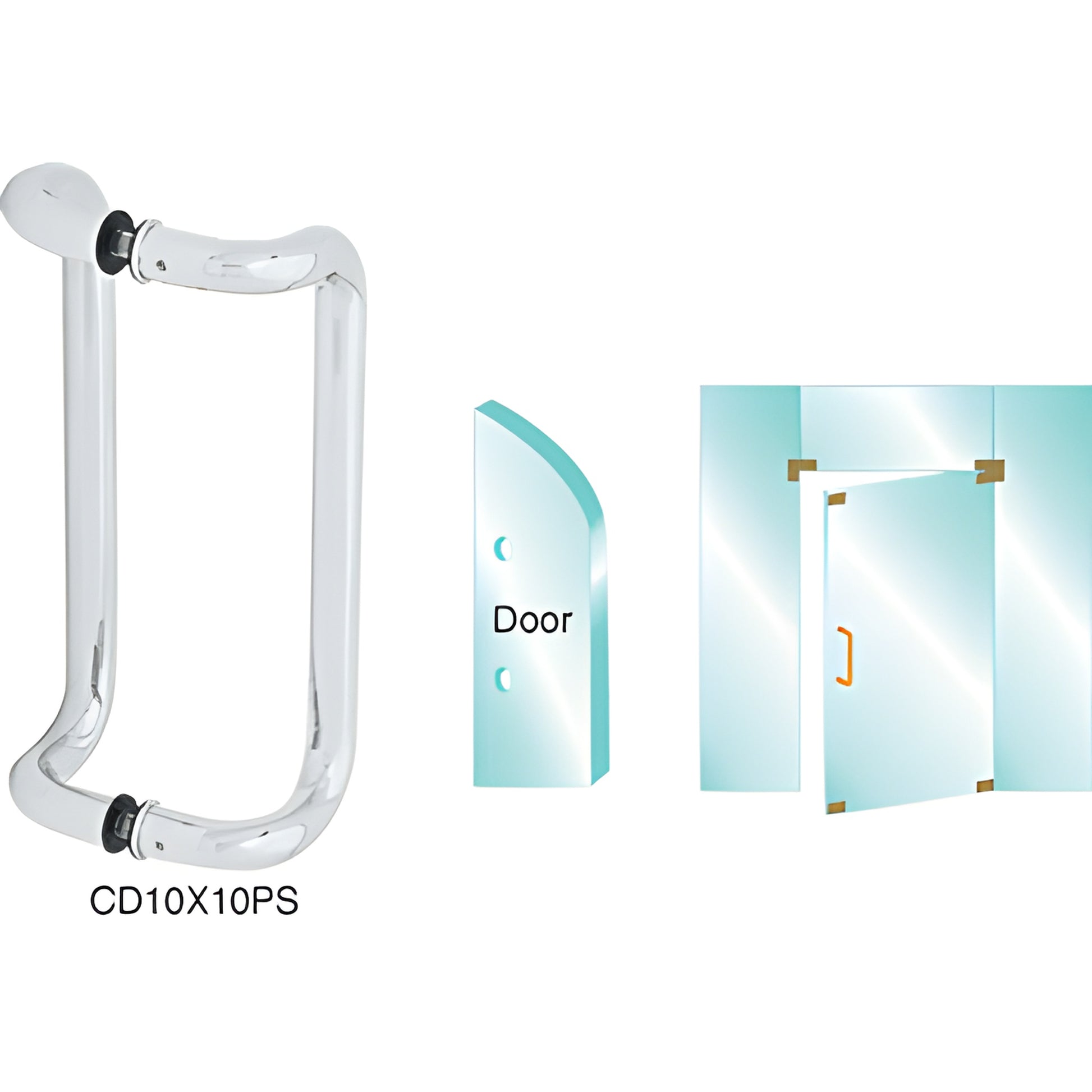 Polished stainless steel glass door pull handle, 1" diameter, 10" c-c, fits 3/8-3/4" glass (SKU CD10X10PS)