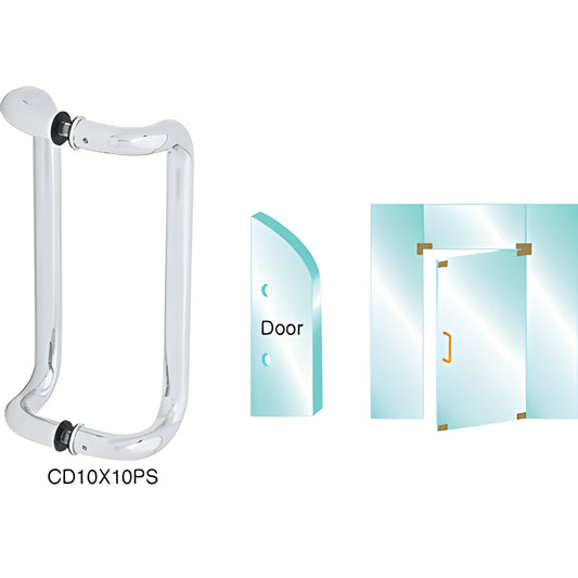Polished stainless steel glass door pull handle, 1" diameter, 10" c-c, fits 3/8-3/4" glass (SKU CD10X10PS)