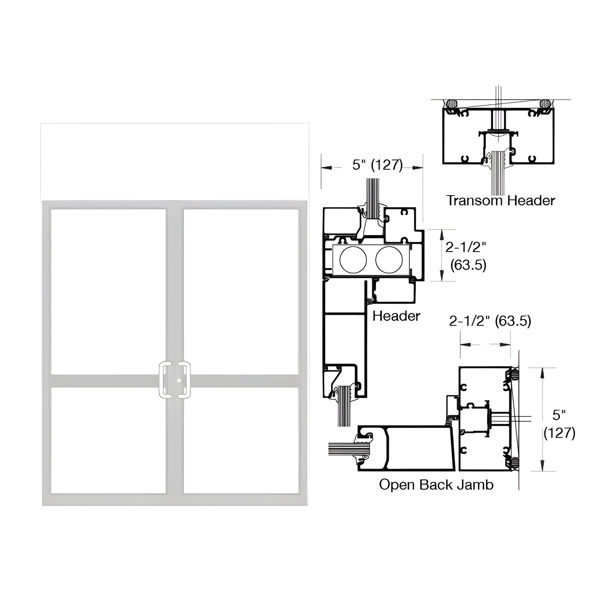 White Kynar transom door frame diagram for paired hurricane-impact doors; header/jamb details with 5" and 2-1/2" dimensions.
