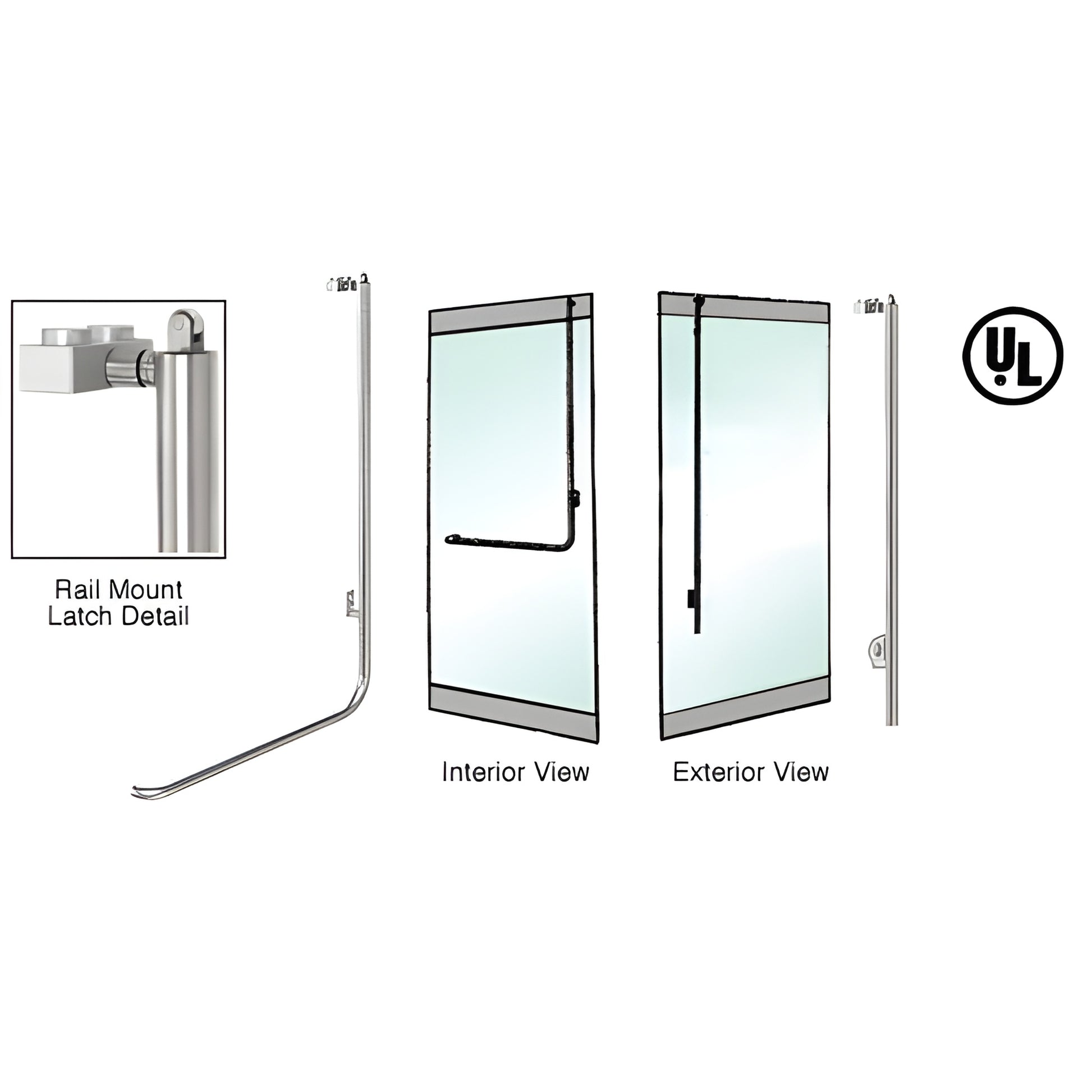 Brushed stainless steel PA100 rail-mount panic handle for glass doors, 1-1/4" tube, interior push bar, UL certified.