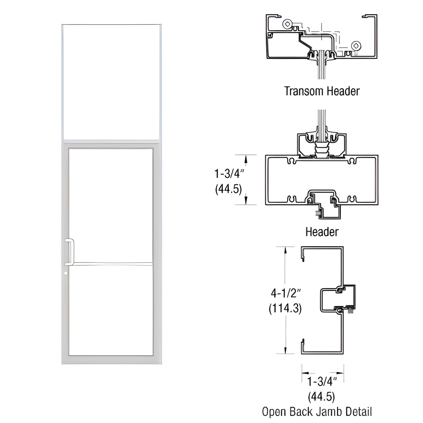 White Kynar transom frame and door with gear-hinge transom, open-back jamb details and section drawings.