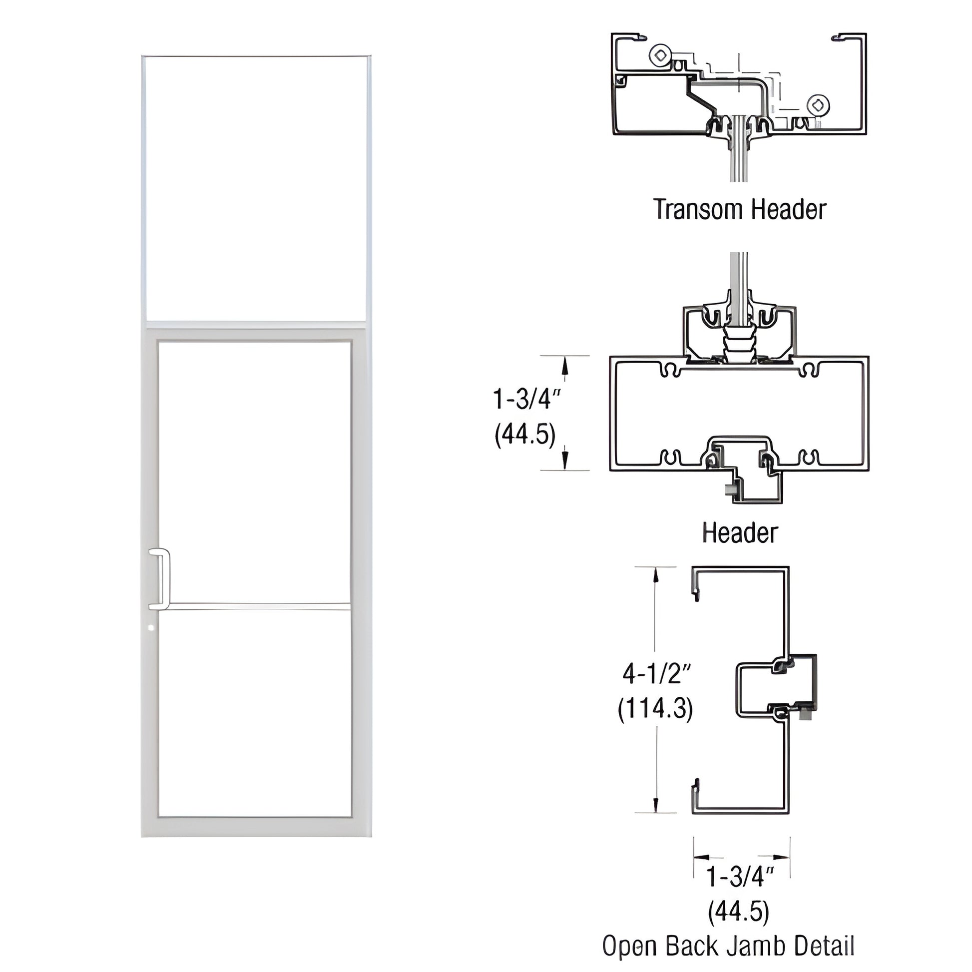 White Kynar transom frame and door with gear-hinge transom, open-back jamb details and section drawings.