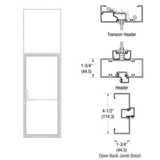 White Kynar transom frame and door with gear-hinge transom, open-back jamb details and section drawings.