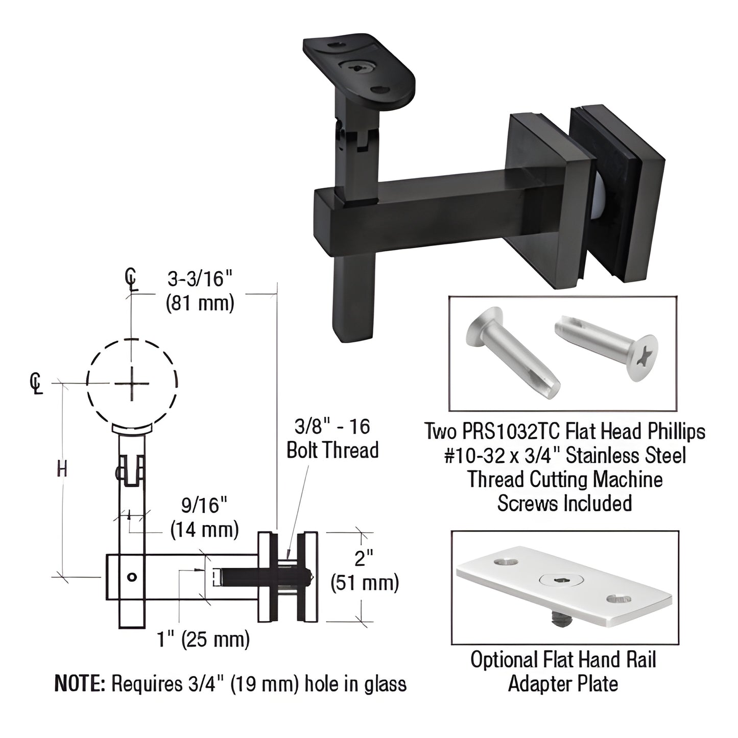Matte black adjustable glass-mounted handrail bracket HR7EGMBL for 1.5-2" rails, fits 12-25.5mm glass, requires 3/4" hole.