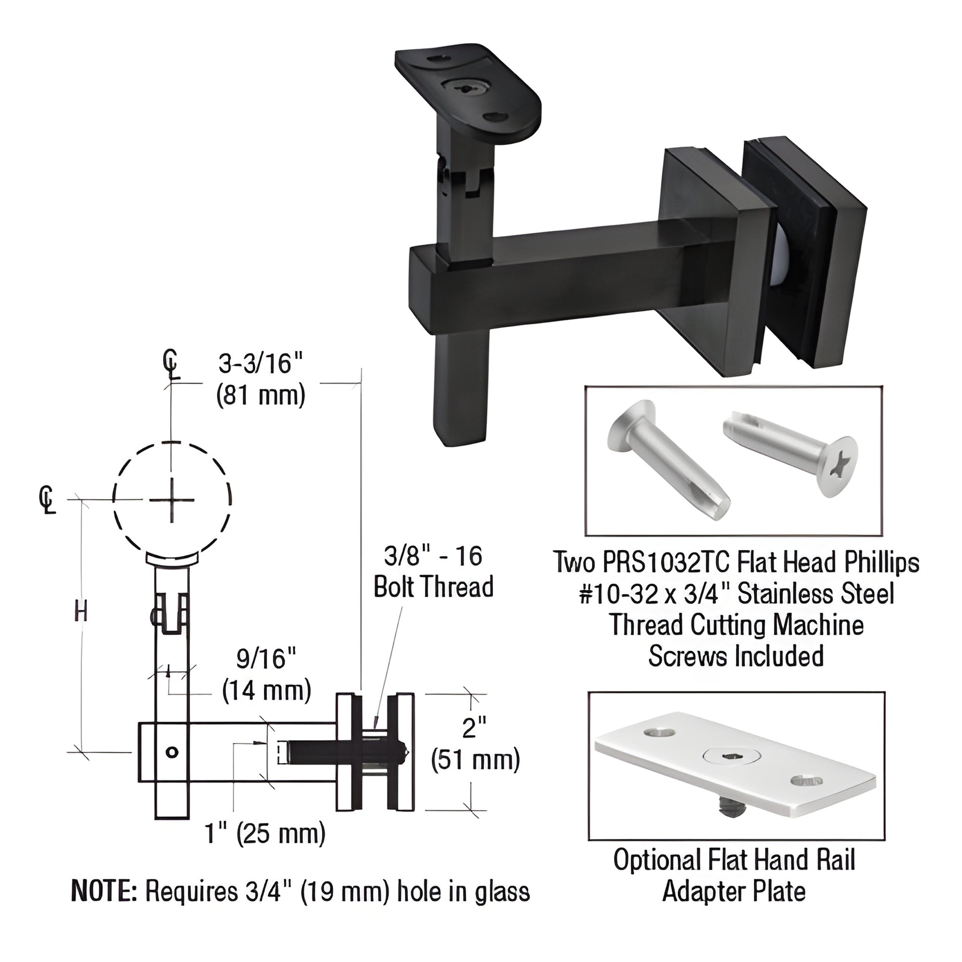 Matte black adjustable glass-mounted handrail bracket HR7EGMBL for 1.5-2" rails, fits 12-25.5mm glass, requires 3/4" hole.