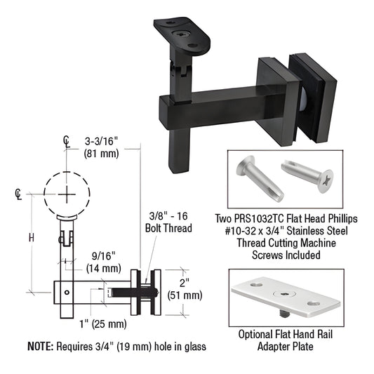 Matte black adjustable glass-mounted handrail bracket HR7EGMBL for 1.5-2" rails, fits 12-25.5mm glass, requires 3/4" hole.