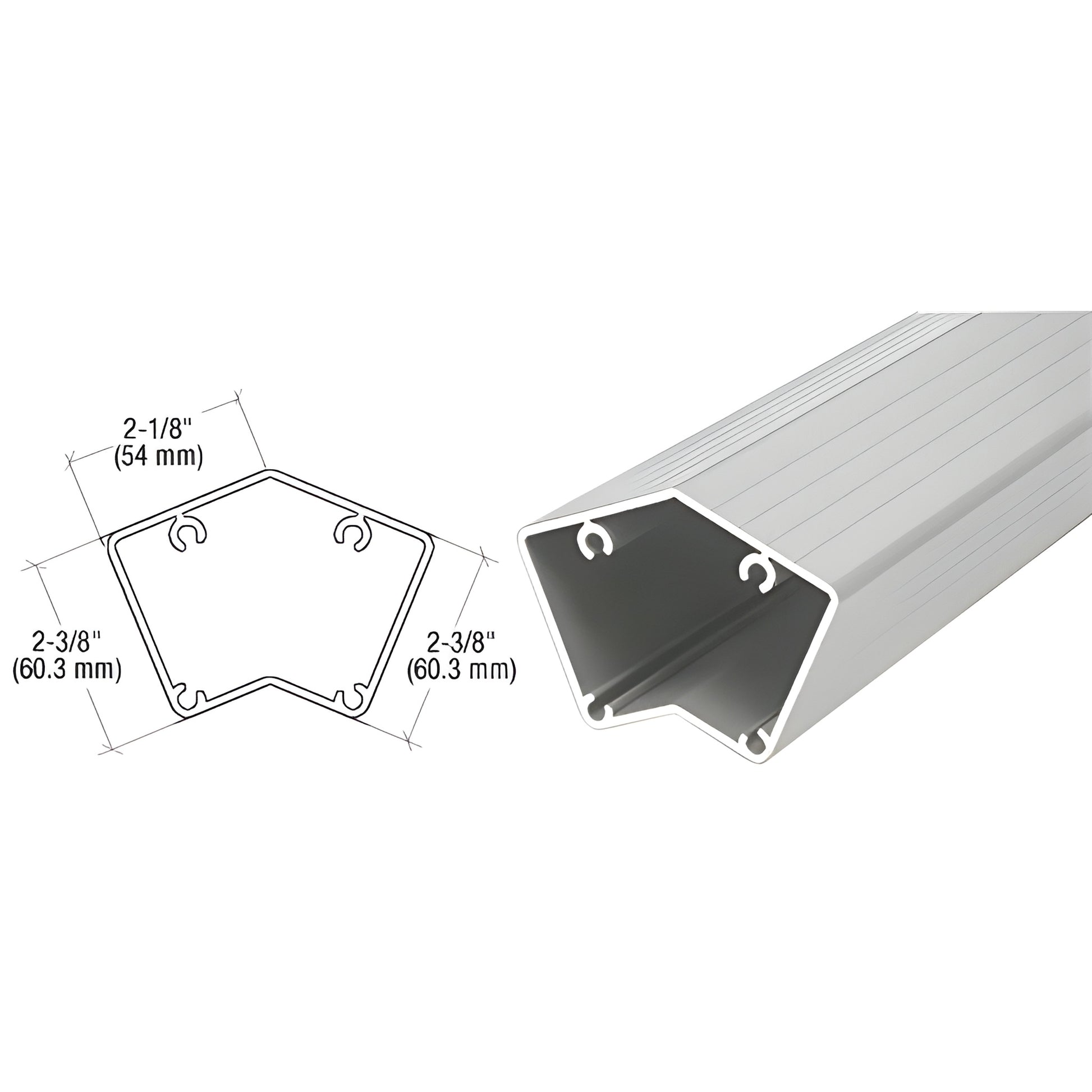 Silver metallic aluminum 135 post extrusion (SKU FP542S), 52 in stock length, angled pentagon cross-section.
