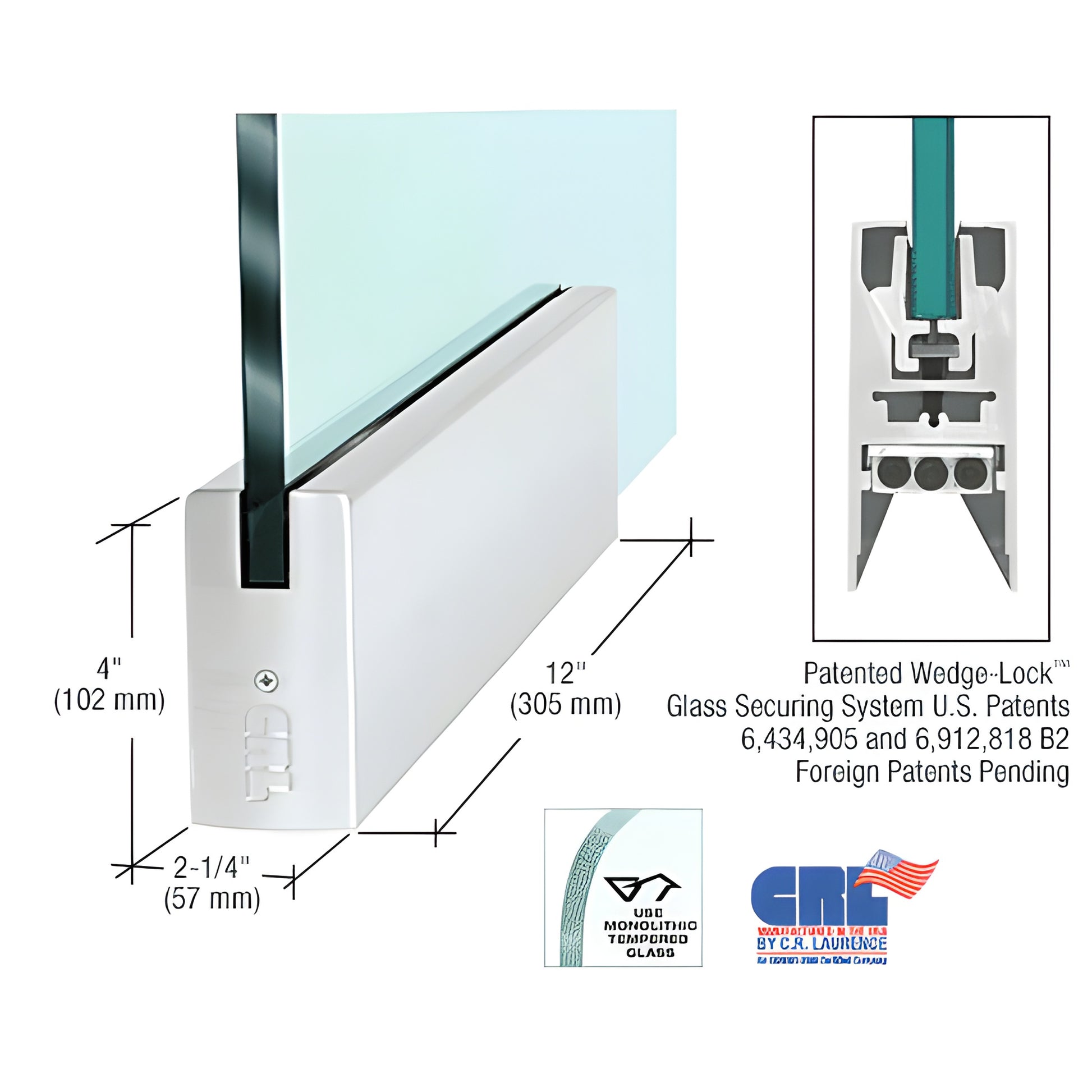 12 in satin anodized aluminum Wedge-Lock door rail (SKU DR4SSA34P) for 3/4 in tempered glass, square profile