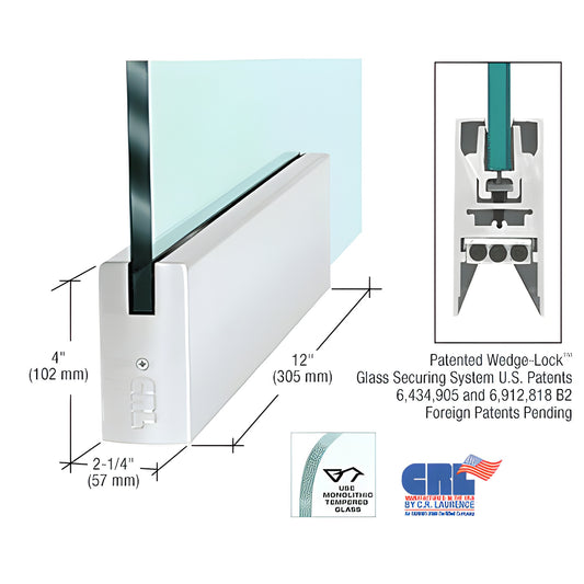 Satin anodized aluminum 12 in Wedge-Lock door rail for 5/8 in glass, 4 in high, square profile