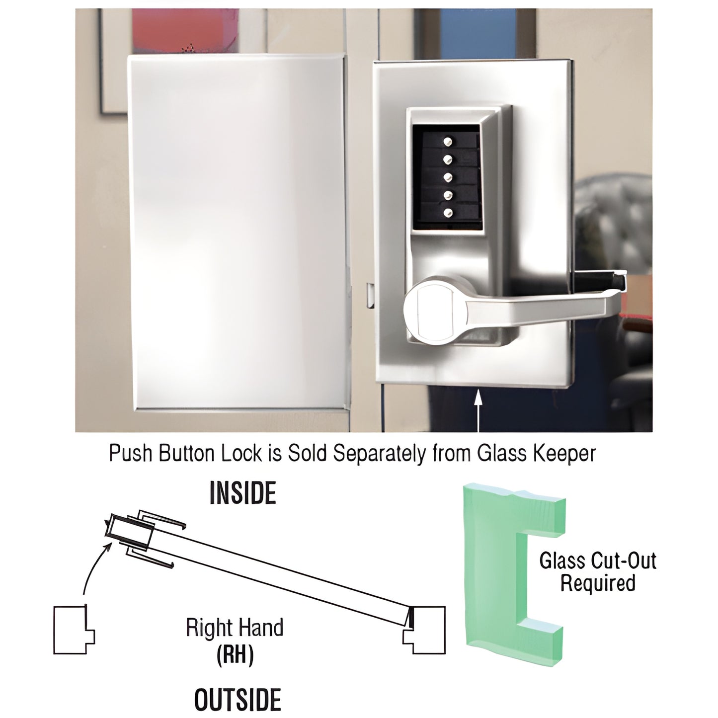 DL610RCPS polished stainless 6 10 center lock for 1/2 in tempered glass, right-hand; push-button sold separately.