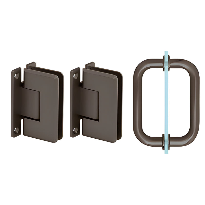 P1NS30RB oil-rubbed bronze shower hinge & pull set - two wall-mount brass hinges plus rectangular pull for 8-12mm glass
