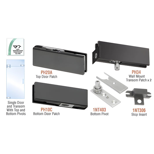 PHA3MBL matte-black patch door kit for single glass door with transom - includes top & bottom patches, pivots, transom patche