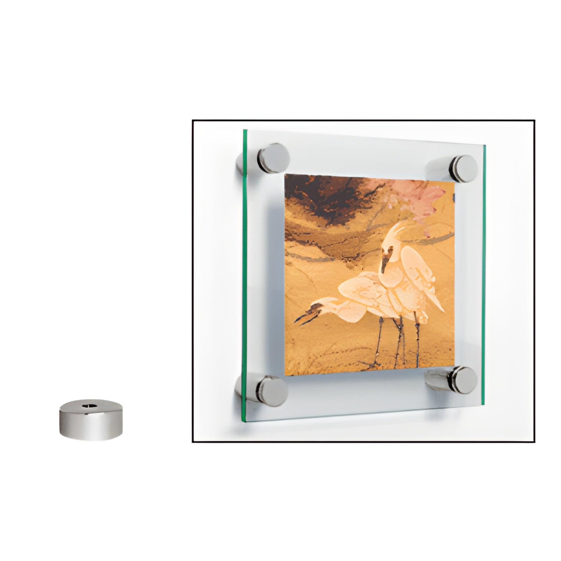 Brushed stainless 1/2" standoff set for 8mm panel holes, shown mounting a square glass sign with artwork.